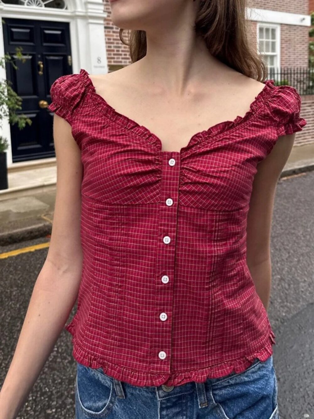 Brandy Melville Red Gingham Milkmaid "Elena" Top